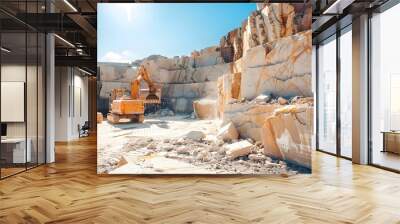 Heavy Machinery Quarry Excavation with Stone Blocks Moved in Industrial Setting Wall mural