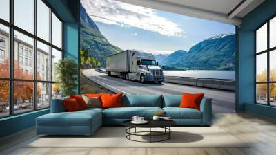 Highway fast moving cargo truck racing across interstate under summer sun capturing dynamic energy and speed of modern transportation and logistics Wall mural