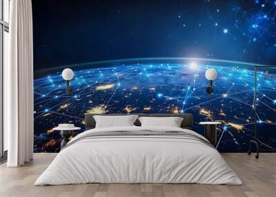 Interconnected Global Connectivity with Glowing Digital Nodes and Lines on Planet Earth at Night Wall mural