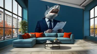 Intimidating Shark Businessman Negotiating Aggressive Business Tactics with Contract Wall mural