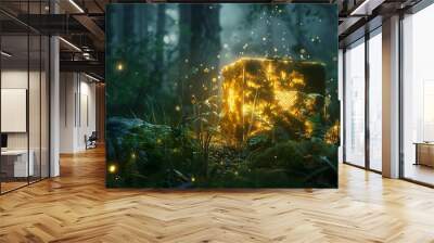 Magical Glowing Parcel Box Emitting Soft Light in Enchanted Forest with Mystical Symbols Wall mural