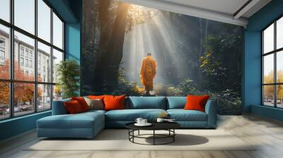 Monk s Spiritual Journey Through the Serene Forest Landscape Wall mural