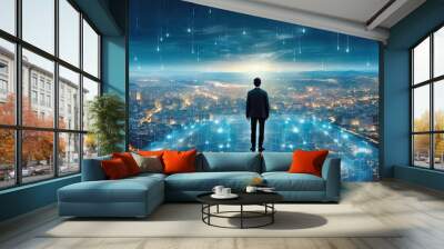 Navigating frontier. Businessman in city. Urban visionary. Building success in digital age. Tech savvy leadership. Pioneering future of business Wall mural