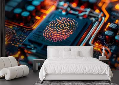 Personalized Cybersecurity Close Up of Illuminated Computer Motherboard with Digital Fingerprint Graphic Wall mural