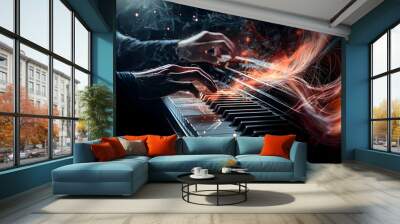 Pianist Performing Swirling Abstract Art on Piano Keys with Blank Background for Text Wall mural