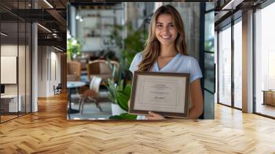 Proud Woman Holding Framed Certificate in Stylish Office Business Achievement Concept Wall mural