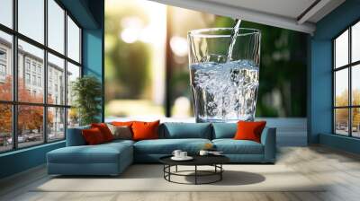 Quenching thirst. Crystal clear drinking water in nature embrace. Refreshing moments. Cool and clean cascading into glass. Pure joy of transparent liquid refreshment Wall mural