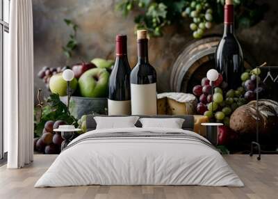 Rustic Wine Tasting Setup with Assorted Cheeses Fruits and Wine Bottles on Wooden Table Wall mural