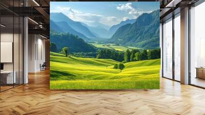 Serene nature landscape with green meadows and rolling mountains perfect background scene capturing tranquil beauty of rural environments ideal for travel agriculture and tourism featuring sunny Wall mural