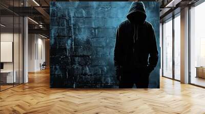 shrouded in darkness. unrecognizable criminal figure in hooded silhouette. faceless threat. mysterio Wall mural