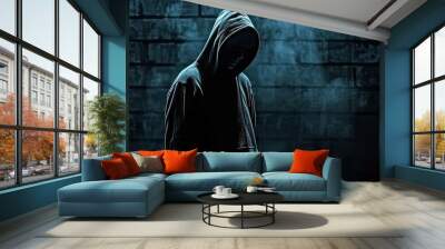 shrouded in darkness. unrecognizable criminal figure in hooded silhouette. faceless threat. mysterio Wall mural