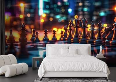 Strategically positioned chess pieces on board against backdrop of blurred city at night symbolizing intricacies of business competition and leadership captures essence of strategy Wall mural