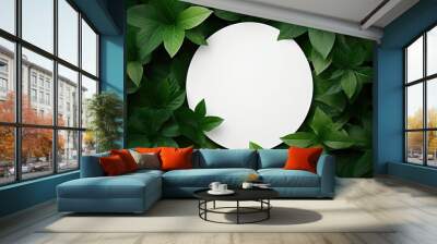 Summer serenity. Leaves and white space. Botanical elegance. Green foliage design. Vibrant flora. Creative concept. Top view Wall mural