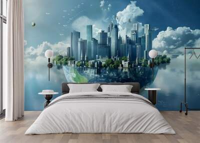 Sustainable Futuristic Cityscape Encapsulating Earth in Floating Spherical Eco Metropolis Wall mural