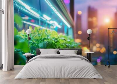 Sustainable Vertical Farm with LED Lighting Powered by Renewable Energy in Urban Setting Wall mural