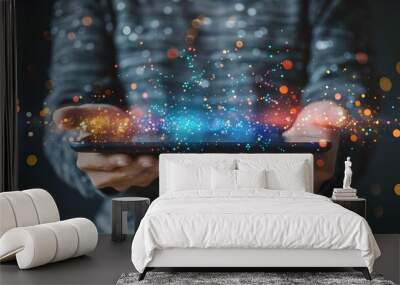 Tech savvy Entrepreneur Showcases Innovative Gadget to Potential Clients Wall mural