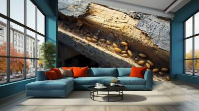 Termite Infestation Causing Damage on Wooden Beam Close up View of Destructive Pest Concept Wall mural