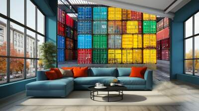 Towering Colorful Container Stacks in Massive Logistics Warehouse Wall mural