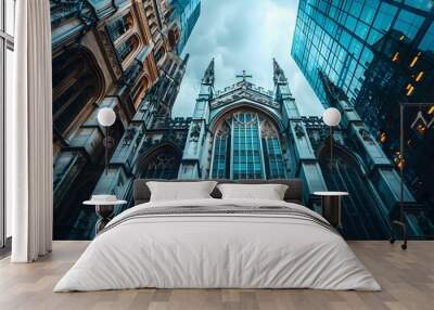 Towering Modern Skyscrapers Meet Gothic Cathedral Architecture in Striking Urban Blend Wall mural