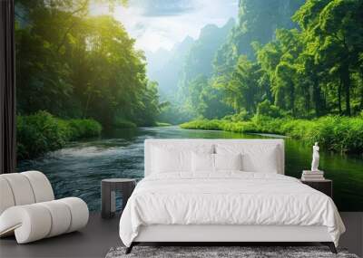 Tranquil nature view featuring meandering river through lush grassy landscape beauty with green trees and clear water ideal for capturing essence of peaceful outdoor environments of forest parks Wall mural