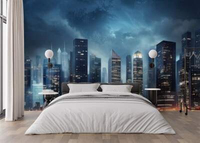 Urban nightscapes. Glimpse of modernity. Metropolitan symphony. City lights at dusk. High tech horizons. Urban nightscape. Futuristic skyline Wall mural