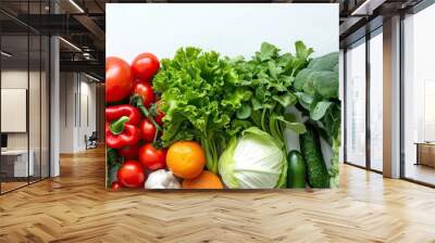 Vegetables and fruits elegantly arranged on white background creating vibrant tapestry of healthy organic produce assortment showcases variety and richness of vegetarian and vegan diets Wall mural