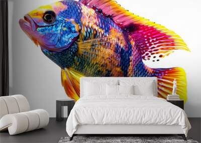 Vibrant Cichlid Fish Showcasing Unique Patterns and Hues on White Background Wall mural