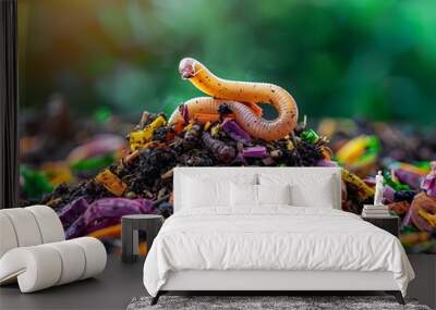 Vibrant Earthworm Emerging from Decomposing Organic Compost with Copy Space Wall mural