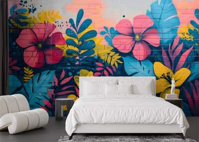 Vibrant Graffiti Mural with Diverse Cultural Elements on Urban Cityscape Background Wall mural