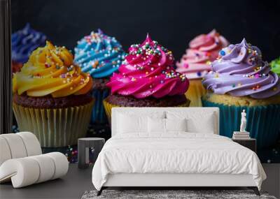 Vibrant Neon Cupcakes with Colorful Frosting and Sprinkles on Black Background Wall mural