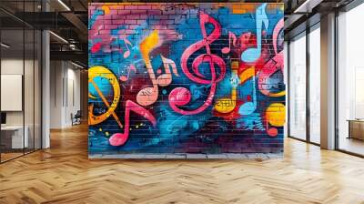 Vibrant Street Art Mural of Music Notes and Urban Elements Capturing the Energy and Diversity of City Music Culture Wall mural