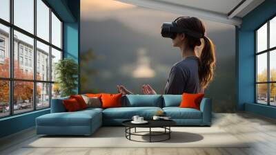 Woman Meditating in Virtual Reality Surrounded by Serene Landscapes Wall mural