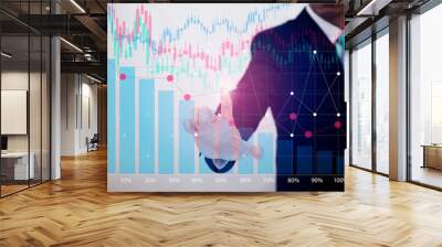 businessman hand touch line virtual chart business on touch screen computer with growing, rising charts and businessman in background, graph stock market investment Concept of business technology. Wall mural