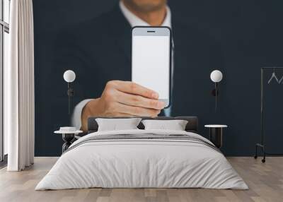 Businessman holding Digital tablet computer with isolated screen in male hands in black background Wall mural