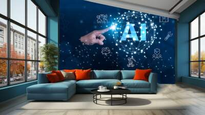 Businessman touch Artificial Intelligence (AI),on big data network machine learning and data on the dark background, artificial intelligence technology, innovation and futuristic, Big data Wall mural