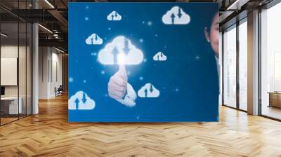 Businesswoman touching connect to data information on the cloud icon computing network., Backup Storage Data Internet, networking and digital, Share global, and technology, concept. Wall mural