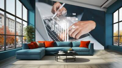 Changes in new planning, Hand using laptop with number 2024 new year, start new year concept digital trends,industry and business trend, strategy, investment, business planning and happy new year Wall mural