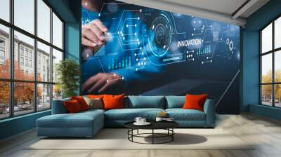 Innovation with Graphical User Interface and big data Concept, businessman using a laptop with touch Innovative ideas presented by management consultants on-screen, design, invention development Wall mural