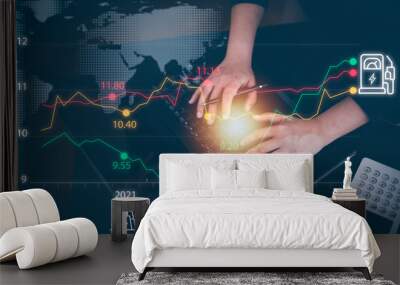 Oil energy graph of the world market, impact on the economy concept,Hand touch chart with the indicator on the oil price slide at gas station, fluctuations in oil prices and exchange trade. Wall mural