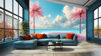 A summer 3D podium amidst palm trees under azure skies conveying the essence of summer with an effect in soft pastels Wall mural