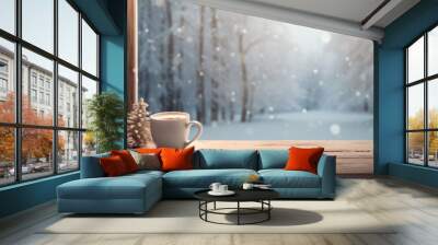 Cup of coffee on table, Winter snow forest vibes, Cozy winter background, Copy space for text. Generative AI Wall mural