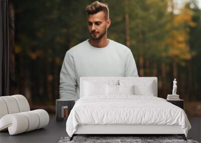 Man model posing, Blank white sweatshirt mockup, Empty sweater template, Fashion advertising display. Generative AI Wall mural