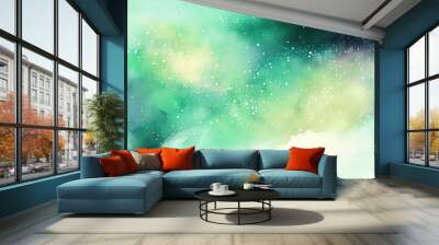 Watercolor green sky color background with cloud and sparkling, galaxy, universe. Generative AI Wall mural