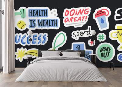 Big set with motivational spot stickers. Cute details for your design, phrases and quotes about training, motivation, self support and development. Perfect for social media, web, typographic design. Wall mural