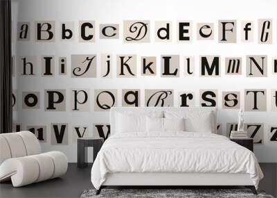 Hand drawn alphabet. Letters on pieces of paper in different colors.
Set of capital and lowercase letters.
Cuts from newspaper, anonymous message style
Vector illustration isolated on white background Wall mural