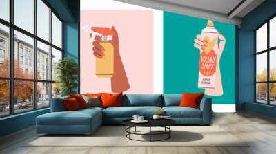 Set of colorful posters with hair styling process. Women's hands holding styling spray, curling iron, hair dryer.
Hairstyle, self care and beauty salon concept. Hand drawn vector illustration. Wall mural