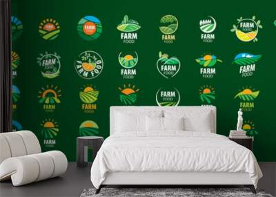 A set of vector Farm Food logos on a green background Wall mural