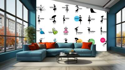 A set of vector logos with painted female figures in fashionable dresses Wall mural