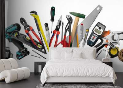 Construction tools levitate on a white background Wall mural