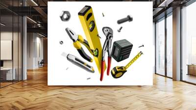 Construction tools levitate on a white background Wall mural